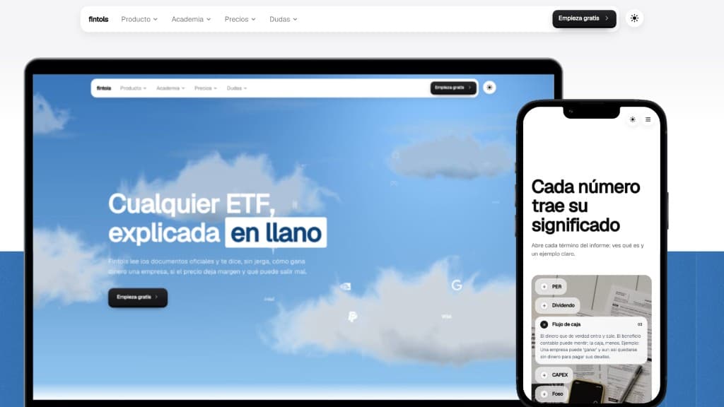 Fintols — hero con cielo y mockups de producto